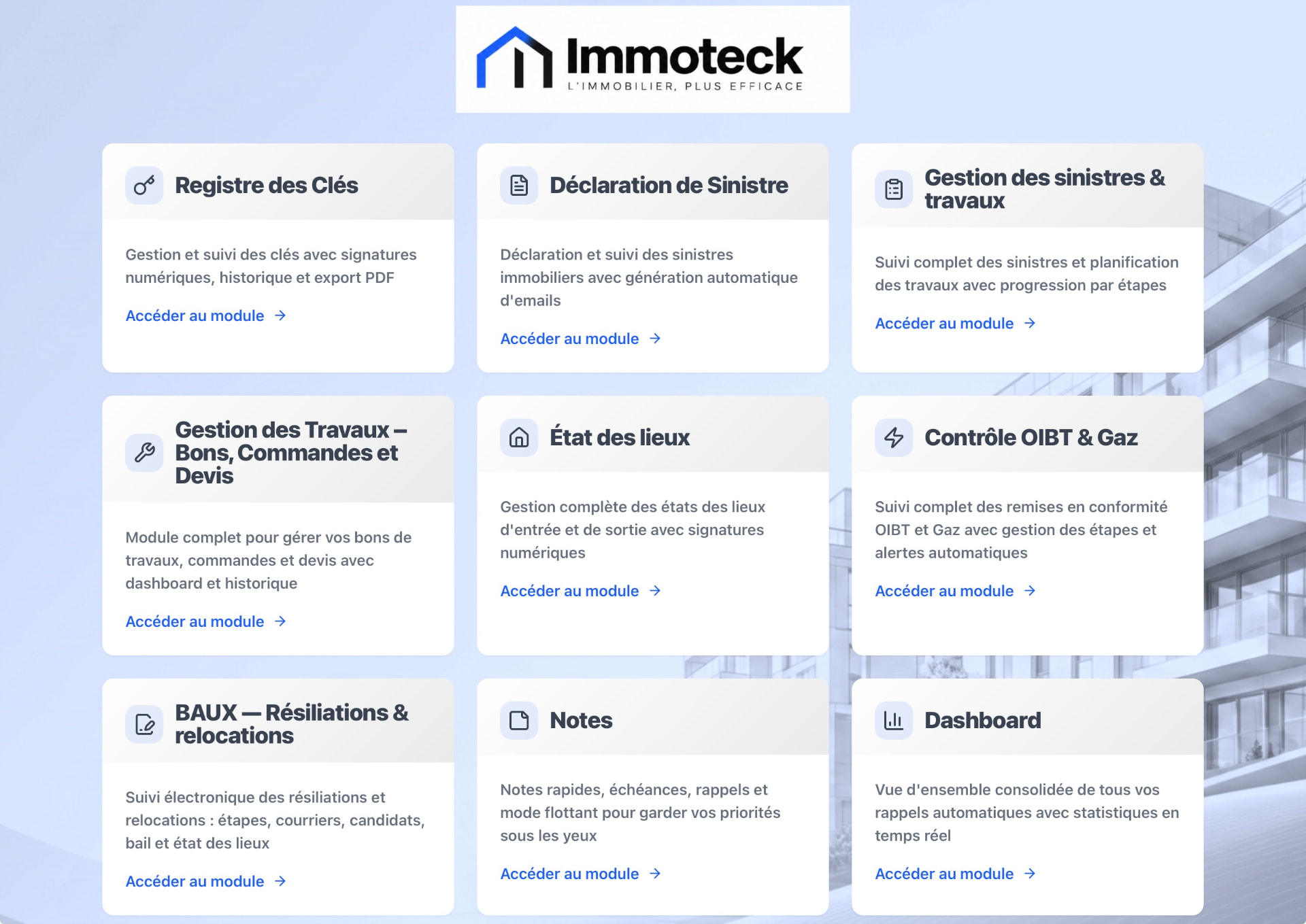 Aperçu réel des modules disponibles dans Immoteck