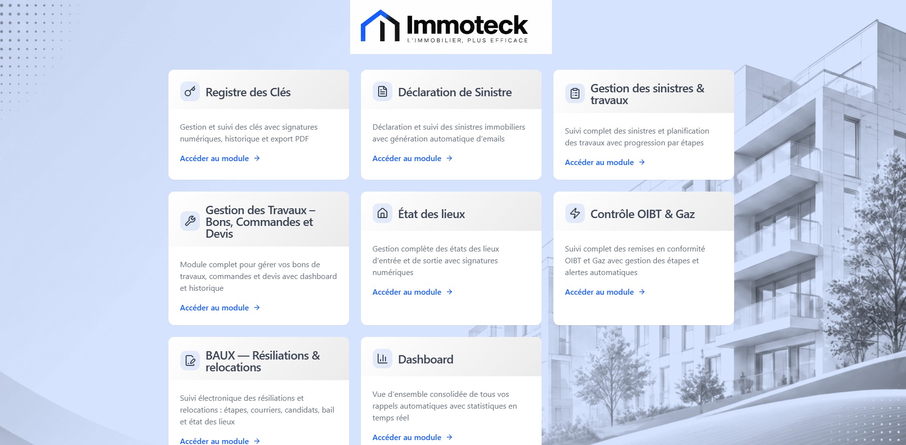 Aperçu réel des modules disponibles dans Immoteck
